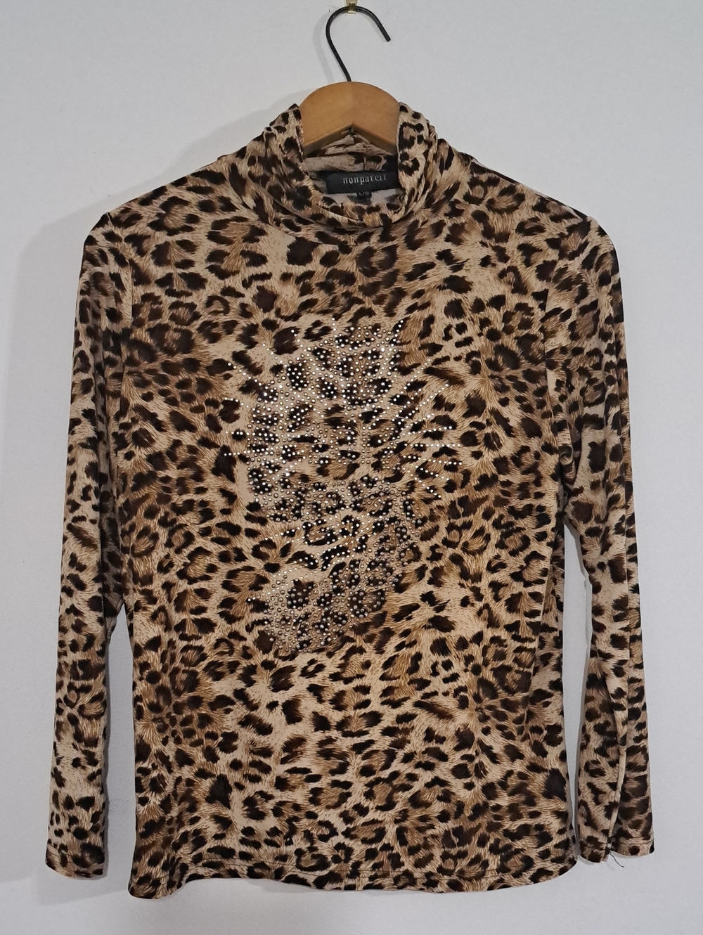 Leopard Print Mock Neck Long Sleeve Top with Rhinestone Accent - Brown